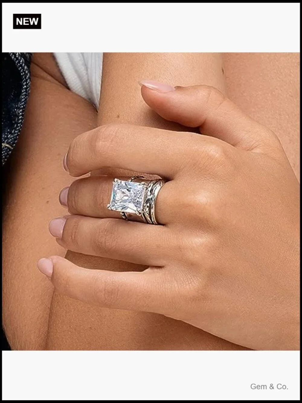 Vintage Hammered 925 Sterling Silver Octagon CZ Ring Size 8